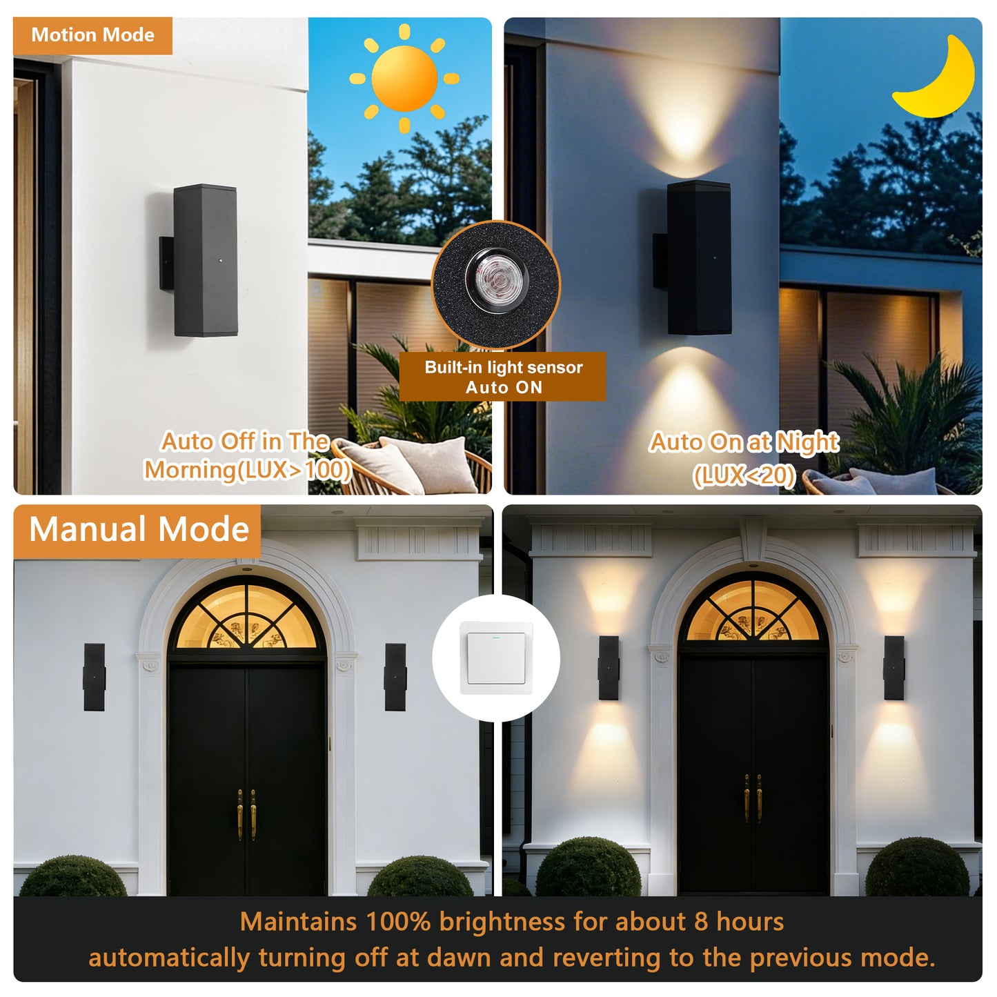 2-Pack Outdoor Wall Lights – Modern Black Square Sconces with Sensor, Dusk-to-Dawn