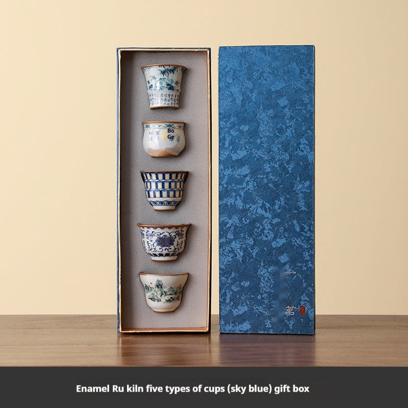 Chinese Blue And White Ru Ware Tea Cup Suit