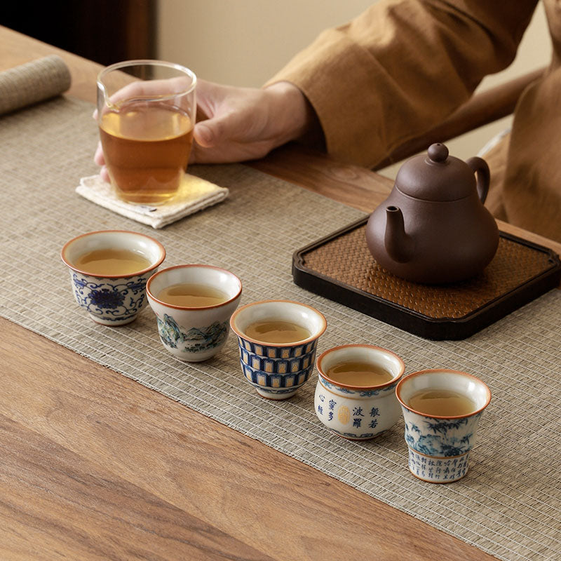 Chinese Blue And White Ru Ware Tea Cup Suit
