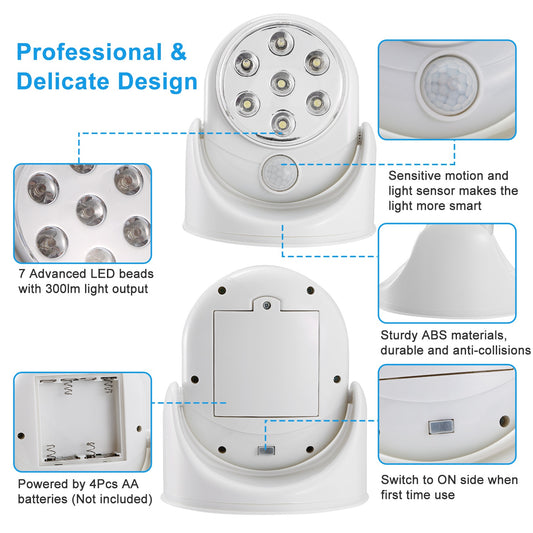1Pc Wireless LED Spotlight Night Lamp 360 Degree Rotatable With 90 Degree Motion Sensor Battery Operated With 23ft Sensing Range For Closet Bathroom