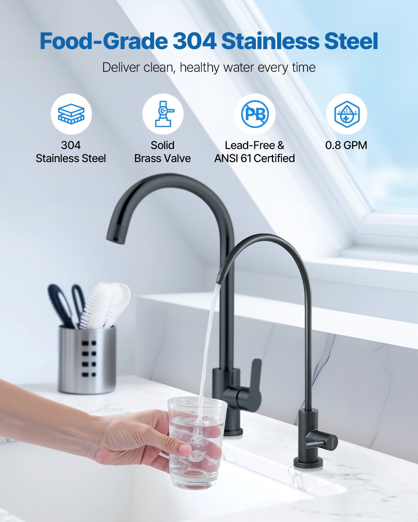 Matte Black Stainless Steel Faucet – Lead-Free RO Water Tap, High-Arc Kitchen & Bar Sink