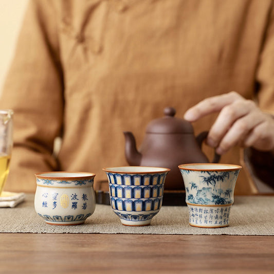 Chinese Blue And White Ru Ware Tea Cup Suit
