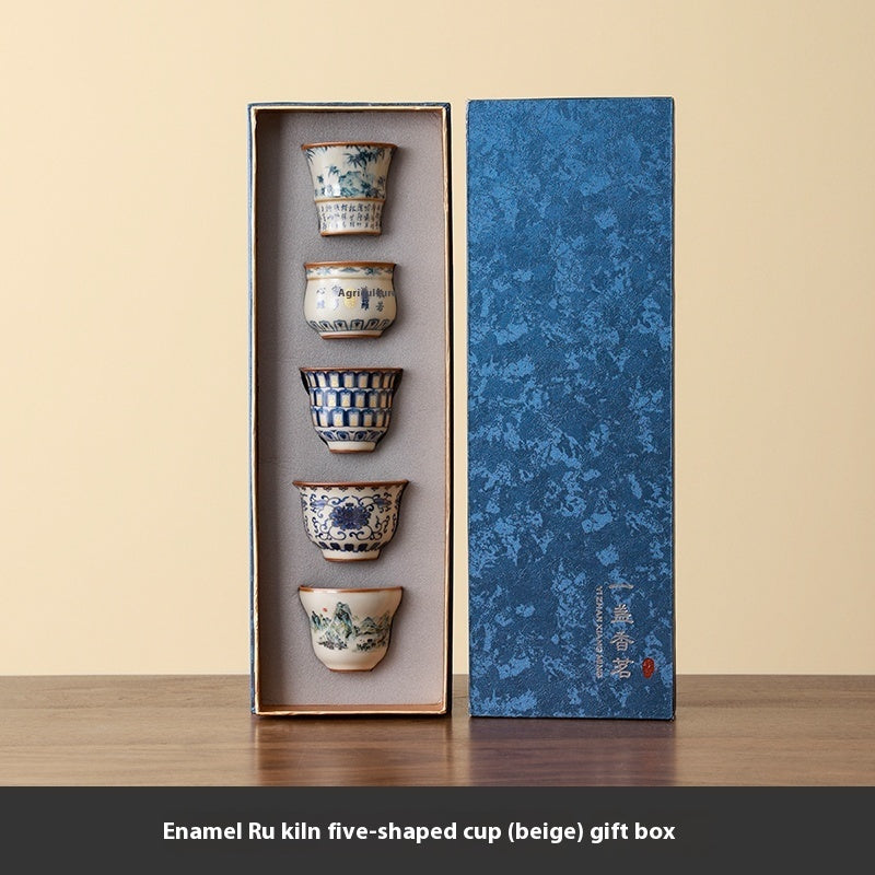 Chinese Blue And White Ru Ware Tea Cup Suit