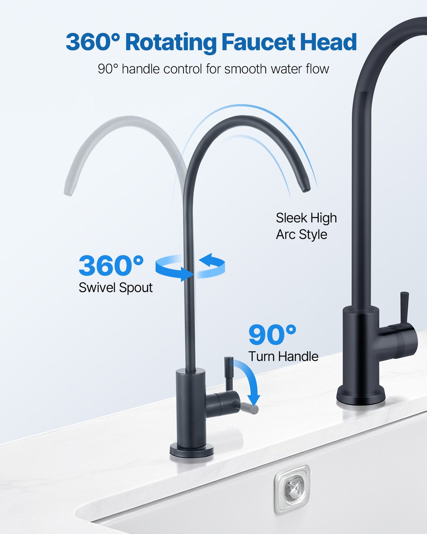 Matte Black Stainless Steel Faucet – Lead-Free RO Water Tap, High-Arc Kitchen & Bar Sink